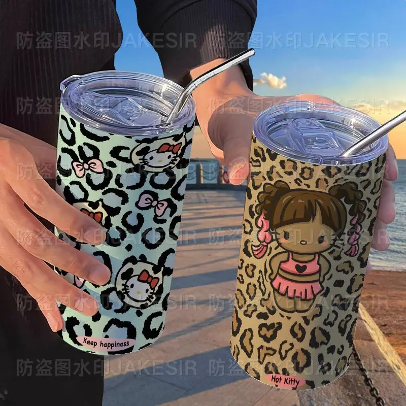 

Miniso Leopard Hellokitty, изолированная кружка из нержавеющей стали, индивидуальный дизайн, 480 мл, офисная соломенная прогулочная кофейная кружка, подарок на день рождения