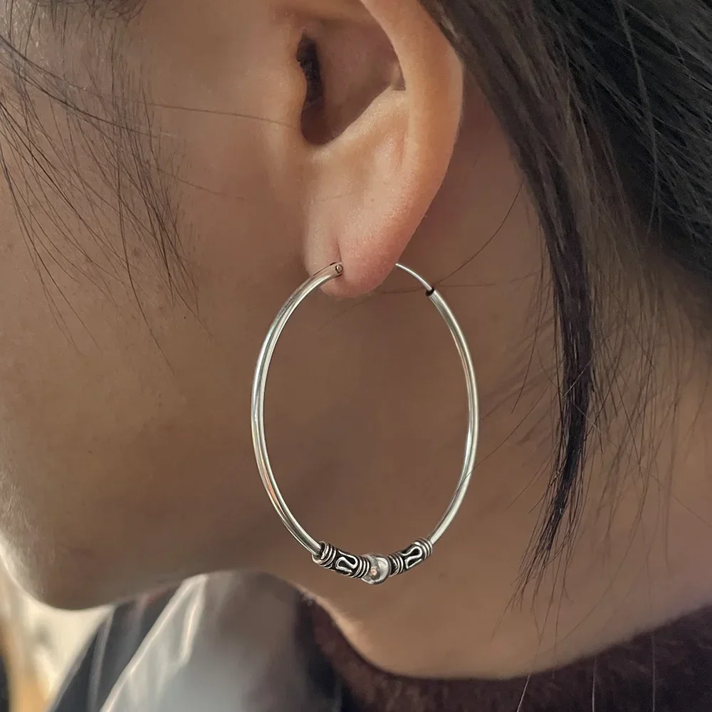 16mm 20mm 30mm 40mm Real 925 Sterling Silver Hoop Earrings for Women Round Circle Retro Vintage Antique Style Women\'s Jewelry