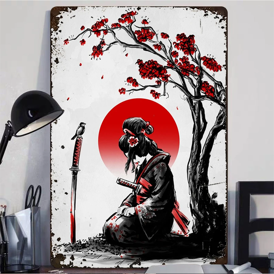 Japanese Geisha Metal Wall Art Cherry Blossom Tree Red Sun Katana Sword Samurai Decor for Living Room Office Decoration