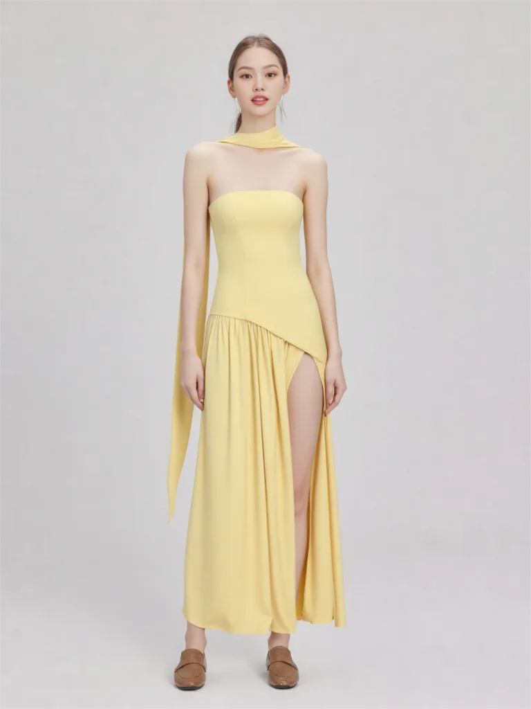 

Sexy Strapless Asymmetry Split Chiffon Long Formal Evening Dress Yellow