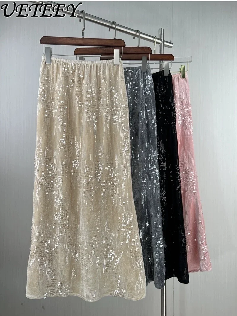 Spring Autumn New High-end Sequined Velvet Hip Skirt Temperament Fashionable Elastic Waist Solid Color Versatile Long Skirts