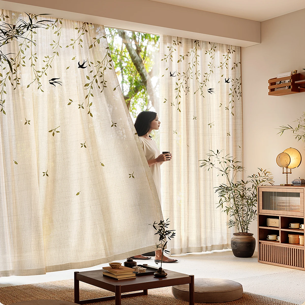 

1Pc,Spring Swallow Weeping Willow Bedroom Decor Tulle Curtains, Pastoral Fresh Translucent Imitation Linen Gauze For Living Room