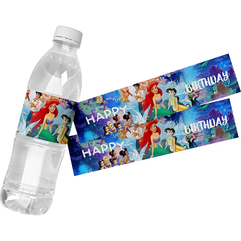 The Little Mermaid Mineral Water Bottle Custom Label Sticker Happy Birthday Water Bottle Wrappers Kid Birthday Party Decor 24Pcs