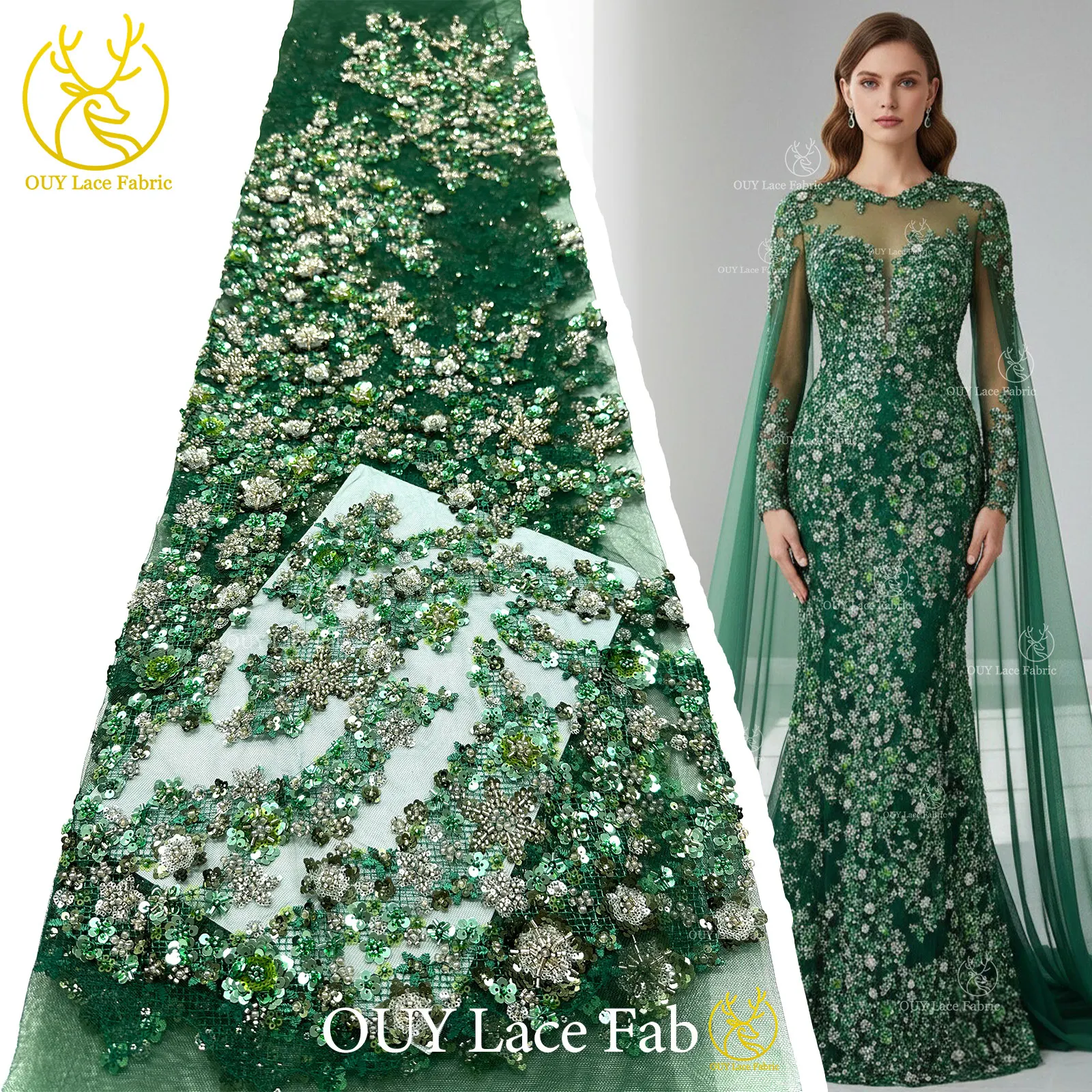 

Green Nigerian Mesh Embroidery Beaded Lace Fabric 2026 French African Sequins Lace Fabric For Party Bridal Wedding Dress Sewing