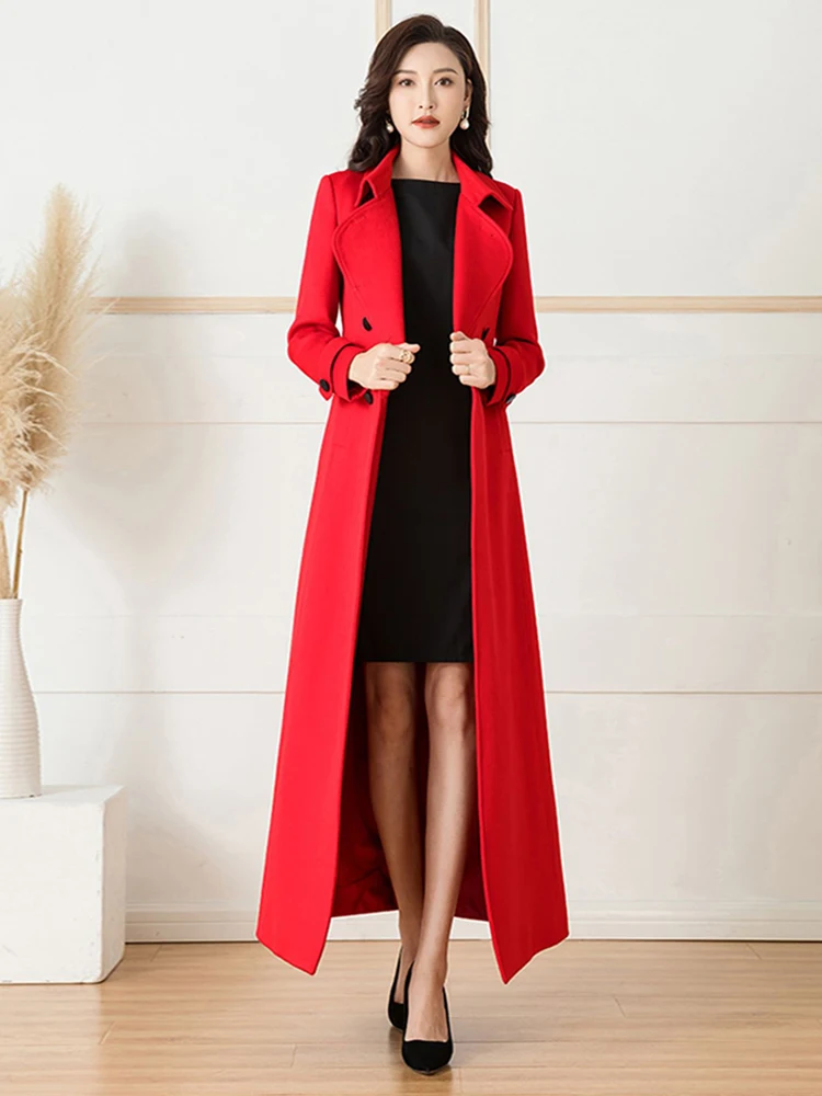 Neu Frauen Rot Wollmantel Herbst Winter Mode Vintage Hepburn-Stil Zweireihig Gürtel Schlanke Taille Lang Wollmischungen Oberteile Mantel