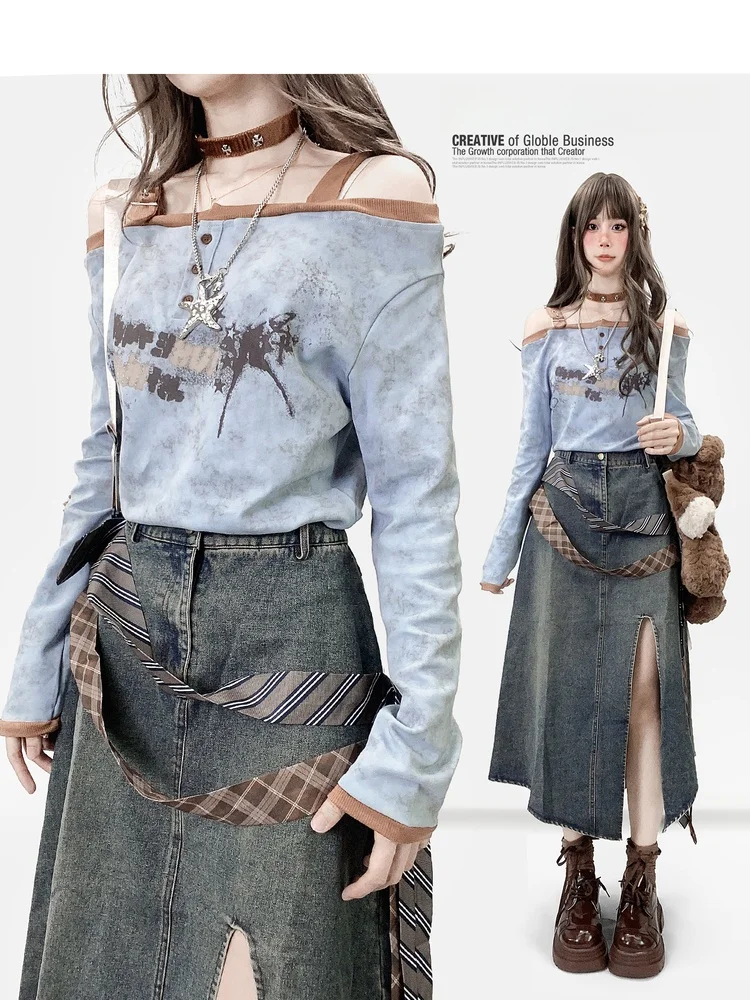 

Ретро-футболка с одним открытым плечом и длинным рукавом, женская, свободного кроя, с принтом, контрастными цветами, в стиле кэжуал, для создания непринужденного образа, уличная одежда, летняя новинка