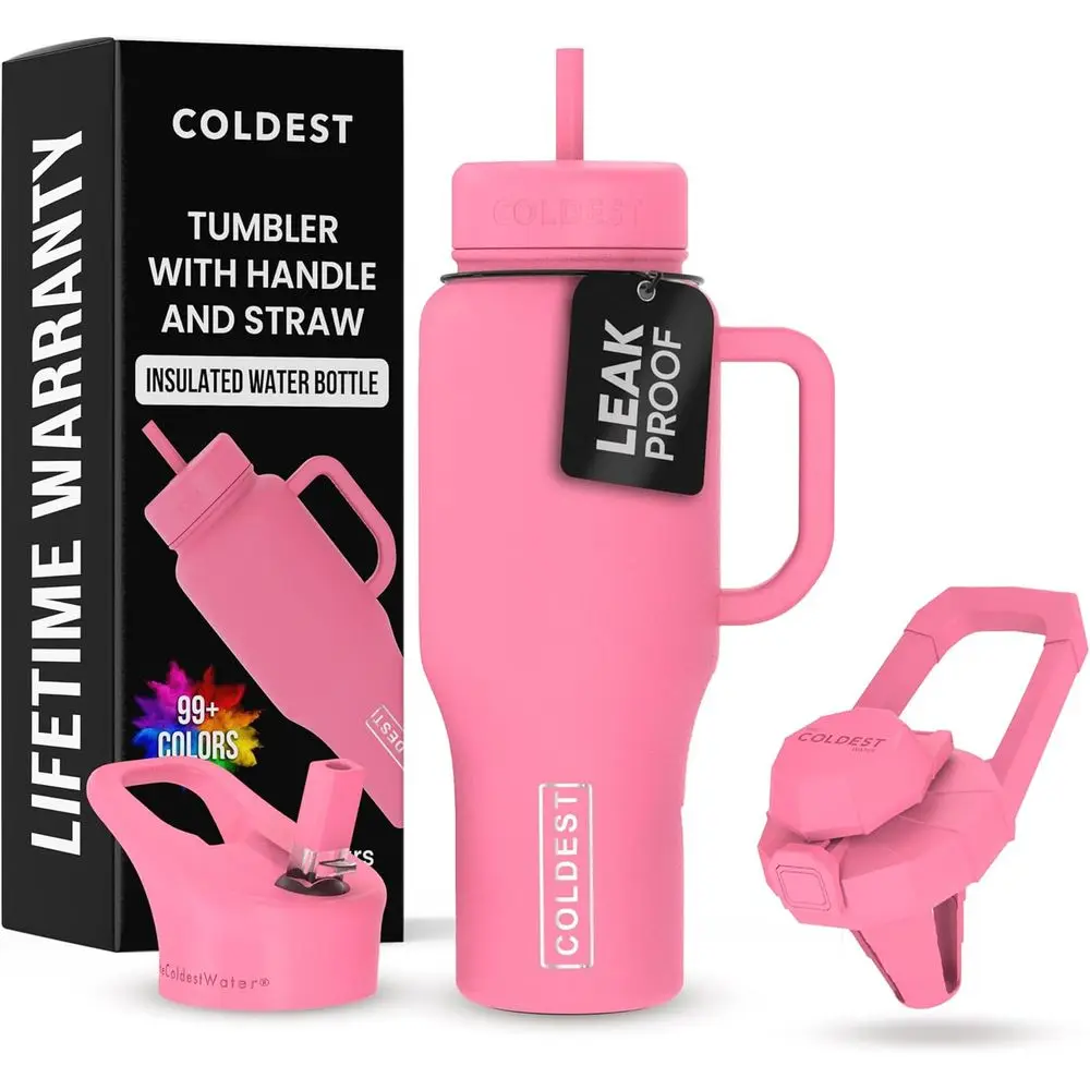 

Leak-Proof Insulated Tumbler with Handle, Straw, and 3 Lids, Stainless Steel, 36 oz (Pink)