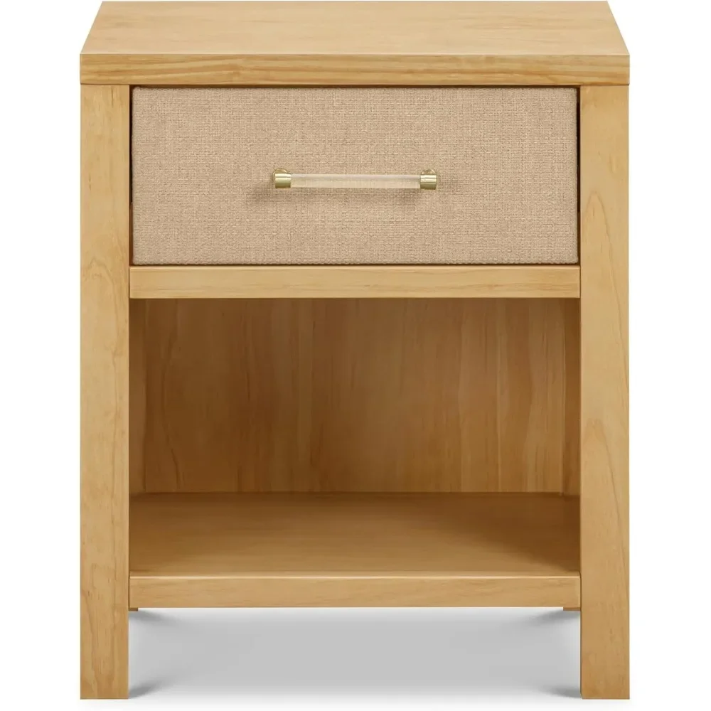 

Eloise Nightstand in Honey Finish with Sand Eco-Weave Drawers, Upper Storage and Lower Shelf