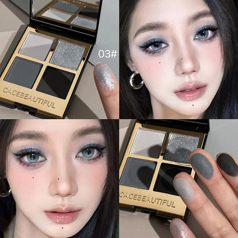 CACE Smoke Dark Grey 4-color Eyeshadow Pearly Bright Matte Glitter Eye Shadow Shimmer Pigment Palette Lasting Earth Black Makeup