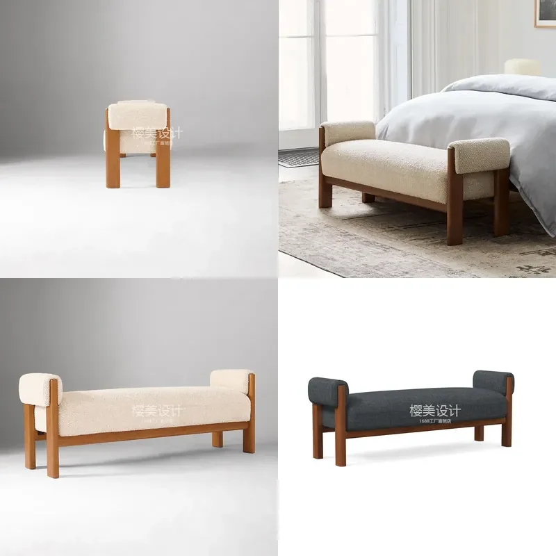 Nordic Cream Shoe Bench Solid Wood Entryway Stool Minimalist Luxury Sofa Seat Bedside Ottoman for Living Room Bedroom