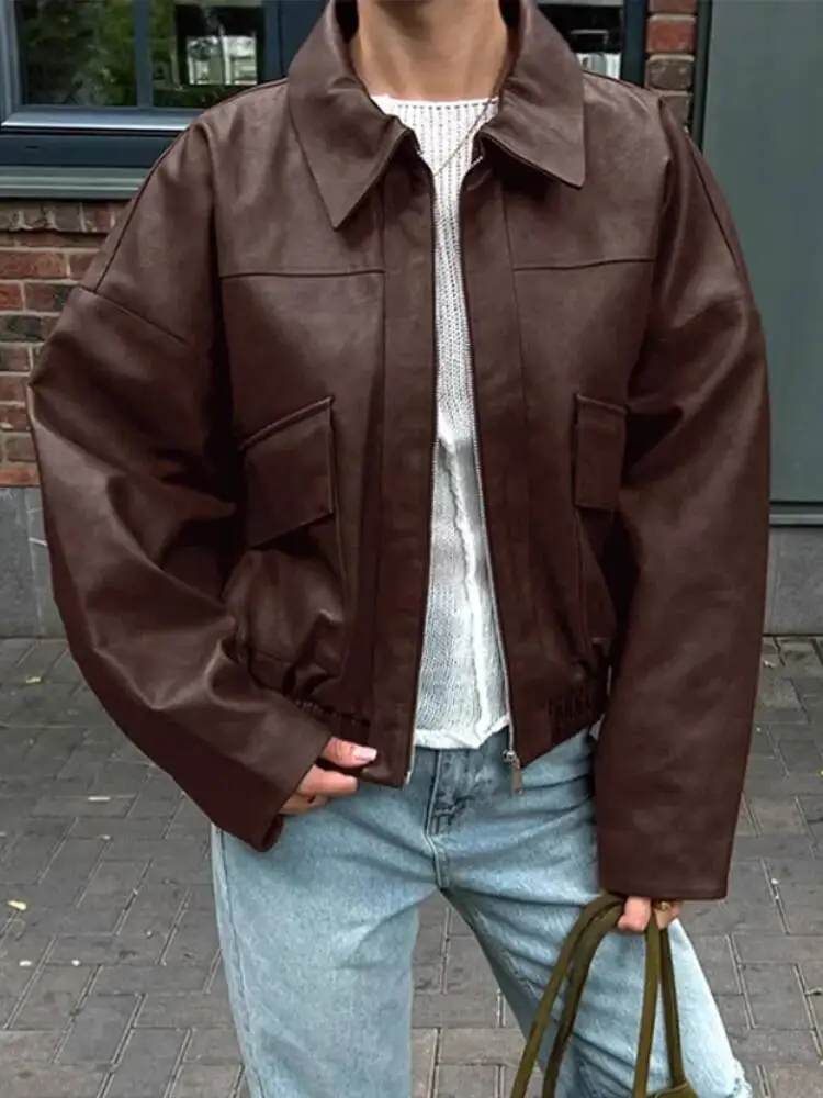 

Women PU Leather Jacket Vintage Long Sleeve Zipper Turn-Down Loose Coat Motorcycle 2026 Autumn Brown Street Lady Outerwear Tops