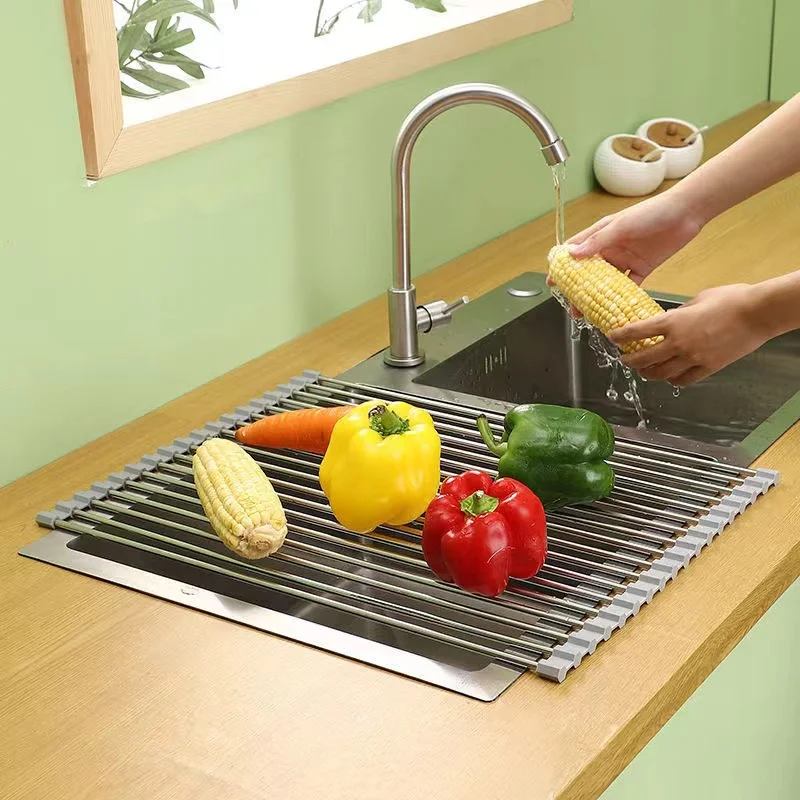 

Folding Dish Rack for Kitchen Storage and Organization Shelf Fruit Dish Drainer Stainless Steel Tableware Drainboard Accessories