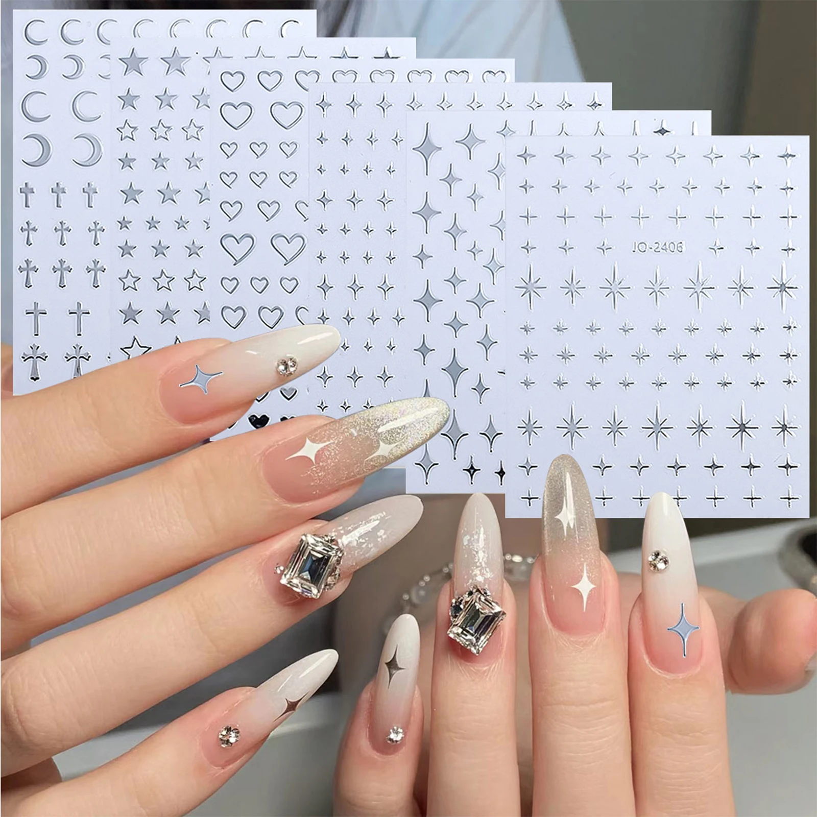 6 teile/satz Metall Silber Nagel Aufkleber y2k Metall 3D Hohl Liebe Mond Hohe Qualität Selbstklebende Nail art Aufkleber metall Kette Herz