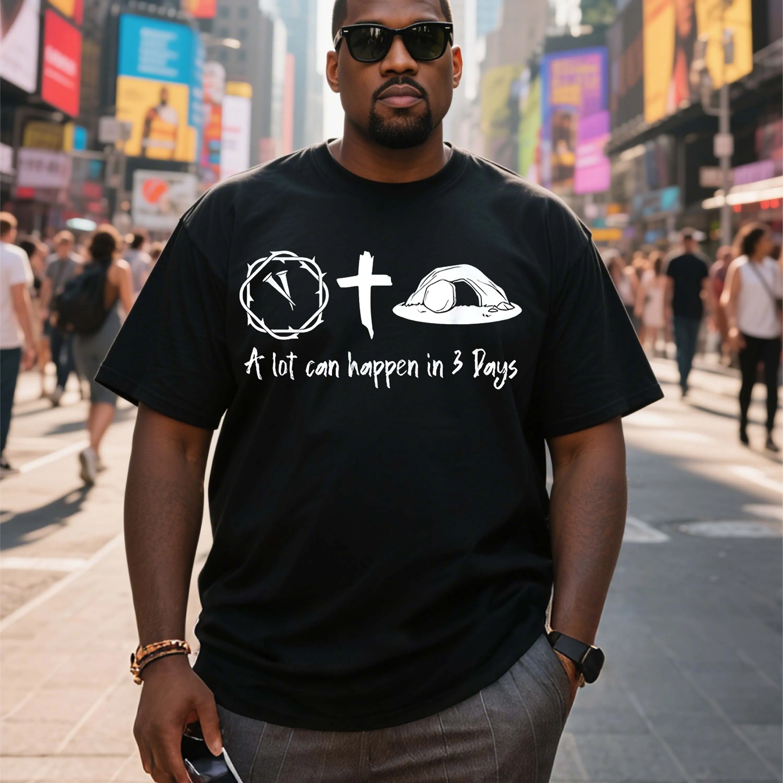 Plus Size Black Short Sleeve T-Shirt with Religious Elements Pattern Suitable for Outdoor Leisure Wear in Summer