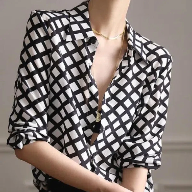 Women\'s Spring Autumn Contrast Color Turn-down Collar Checkered Long Sleeve Button Up Cardigan Shirt Casual Fashionable Tops