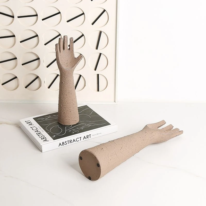 Wabi-sabi retro-style abstract art resin figurine with raised hands, unique decorative craft for hotel, office, or bookshelf
