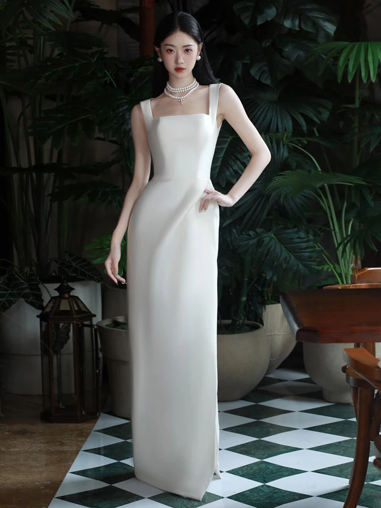 

Свадебное платье из атласа с бретельками, белое, простое, для церемоний на открытом воздухе в лесу, с длинной юбкой, средней талией, из полиэстера, летнее