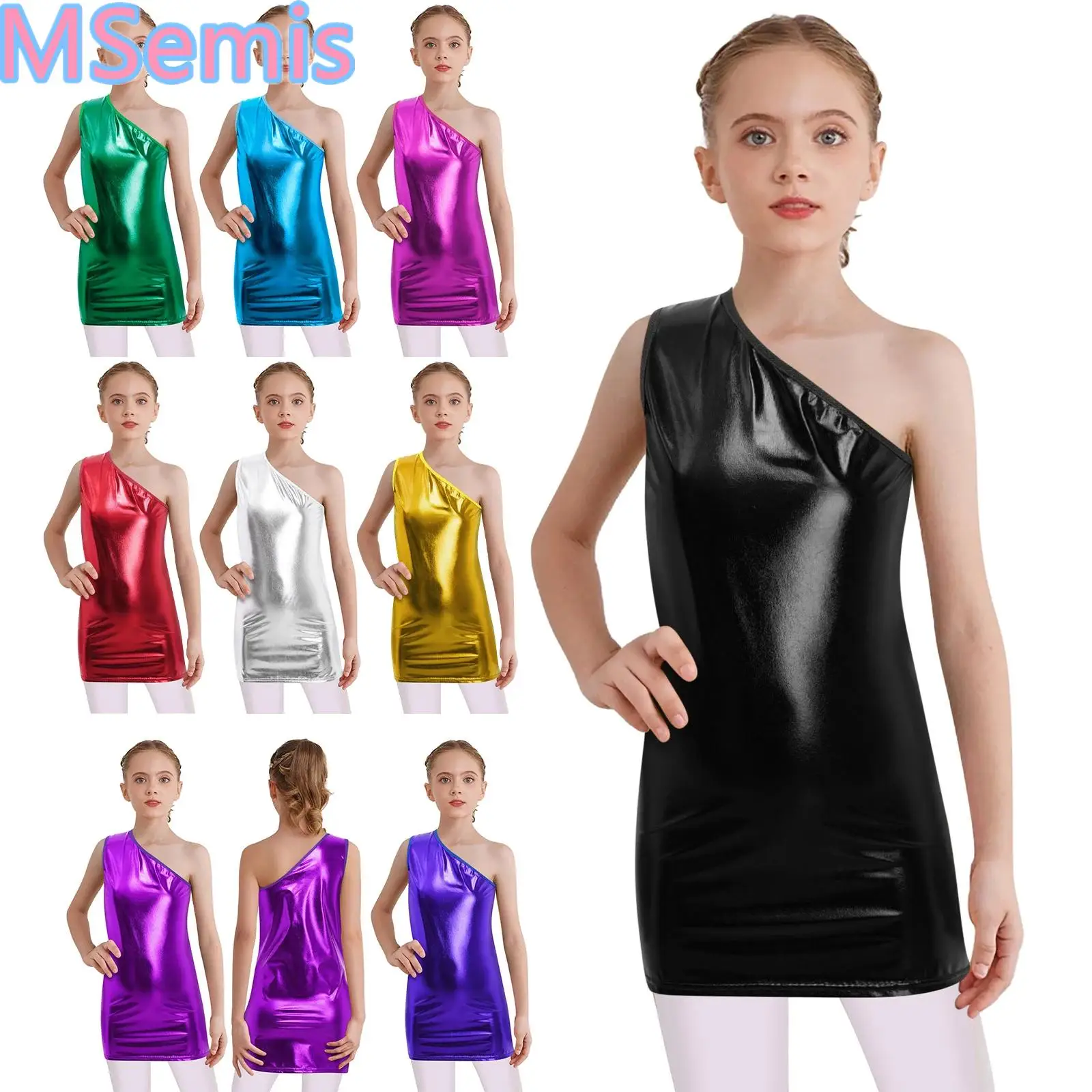 Kids Girls Metallic Dance Dress Dress One Shoulder Dress for Jazz Cheerleading Stage Performance Costume