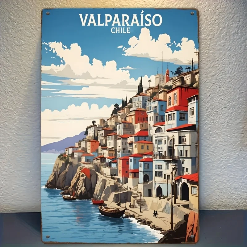 ديكور الغرفة، لافتة معدنية Valparaiso تشيلي، لوحة جدارية حديدية للمناظر الطبيعية الساحلية، لوحة ريترو متينة للمنزل والمكتب والبار، كاليفورنيا #1