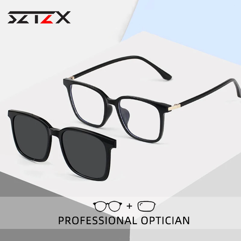 

SZTZX Fashion Magnet Clip On Reading Glasses Men Anti-Blue Ray Myopic Hyperopia Prescription Glasses Women Polarized Sunglasses