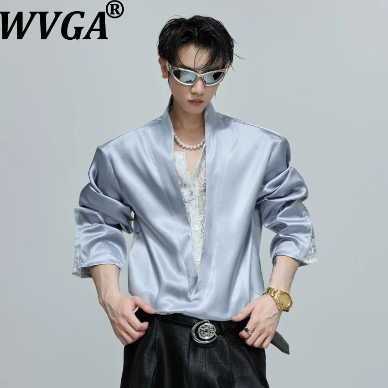 

WVGA Spring Autumn New Man Fake Two-Piece Stand Collar Lace Patchwork Trendy Long Sleeve Shirt Niche Chic Casual Tops Ins W12859