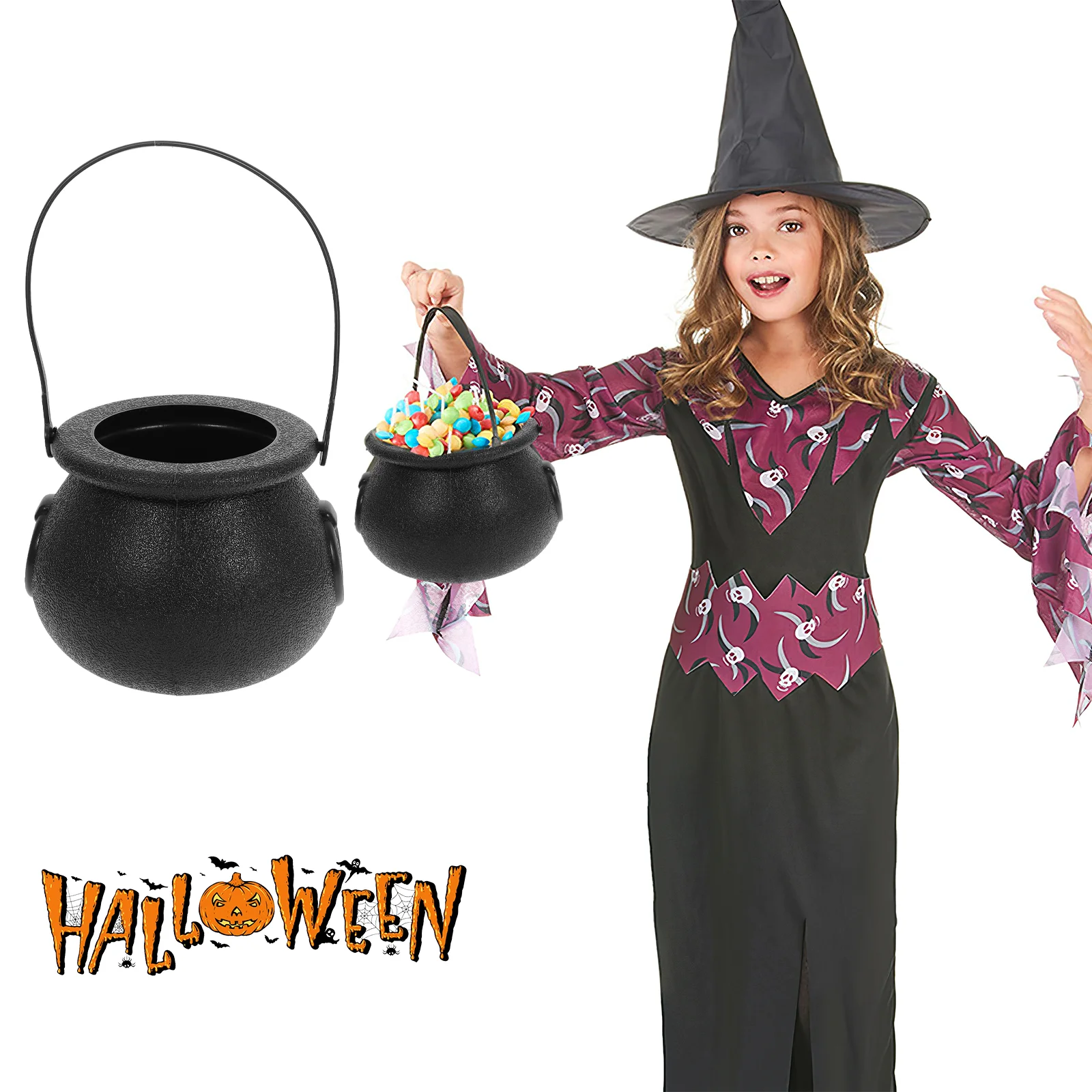 2pcs Halloween Witch Barrels Kids Portable Witch Bucket Roumf Circle Halloween Candy Storage Bucket (Black）