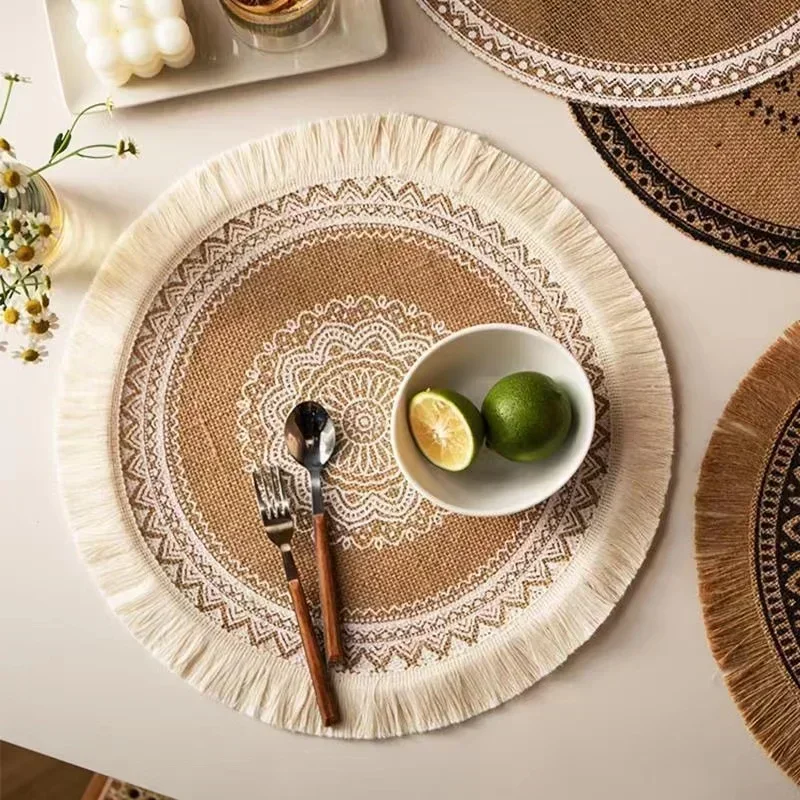 Round Placemat 15 Inch Farmhouse Woven Jute Fringe TableMats with Pompom Tassel Place Mat for Dining Room INS Table Decors