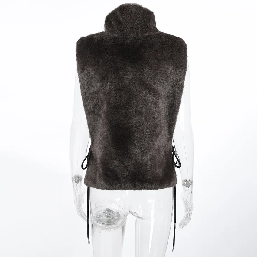 Women Faux Mink Fur Vests Coats Solid Fur Jackets Lace Up Cotton Linen Turtleneck Sleeveless Loose Fit Casual 2026 Autumn Winter