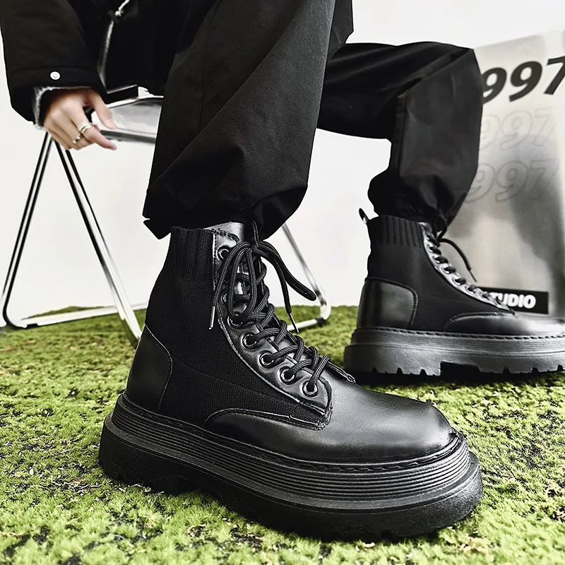 Men\'s Platform Boots Black Non-slip Motorcycle Boots Tactical Lace Up Boots 2023 New Men\'s Boots Fashionable Walking Work Boots