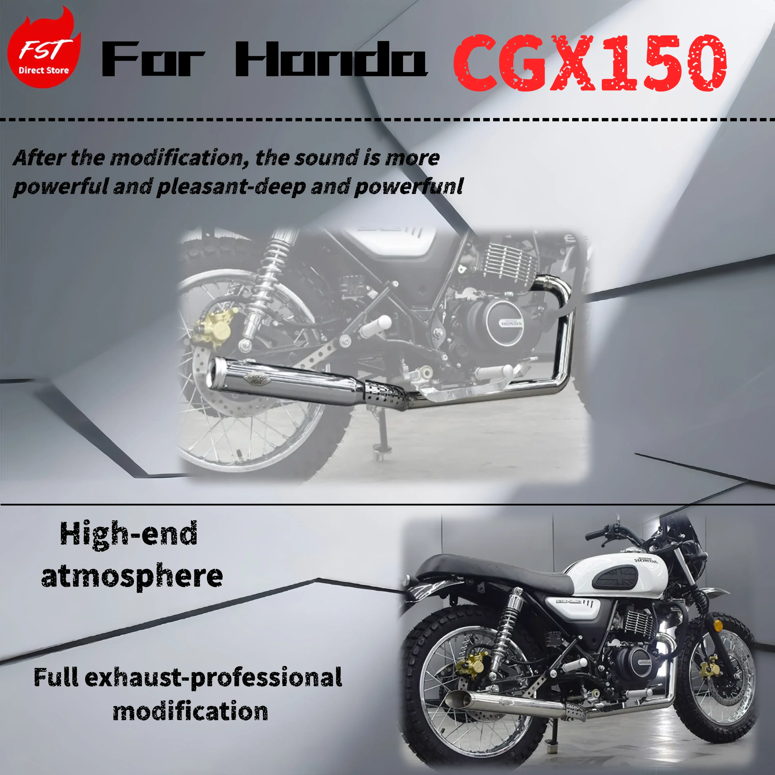 

For Honda CGX150- Modified full exhaust pipe- The sound is deep, thick and powerful
