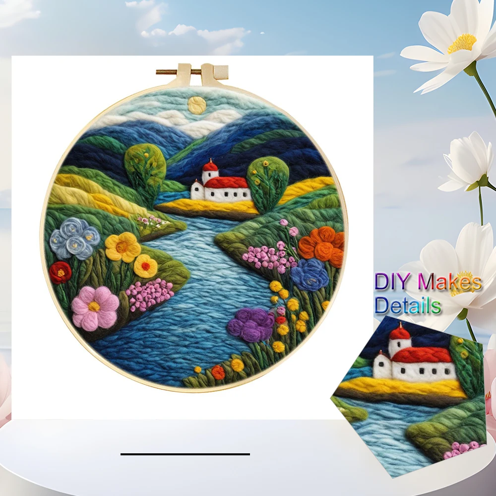 CHENISTORY 20x20cm Frame Wool Felting Painting Rural Rivers Scenery Starter Kit Needle Felting Picture Wool Felting Painting Kit