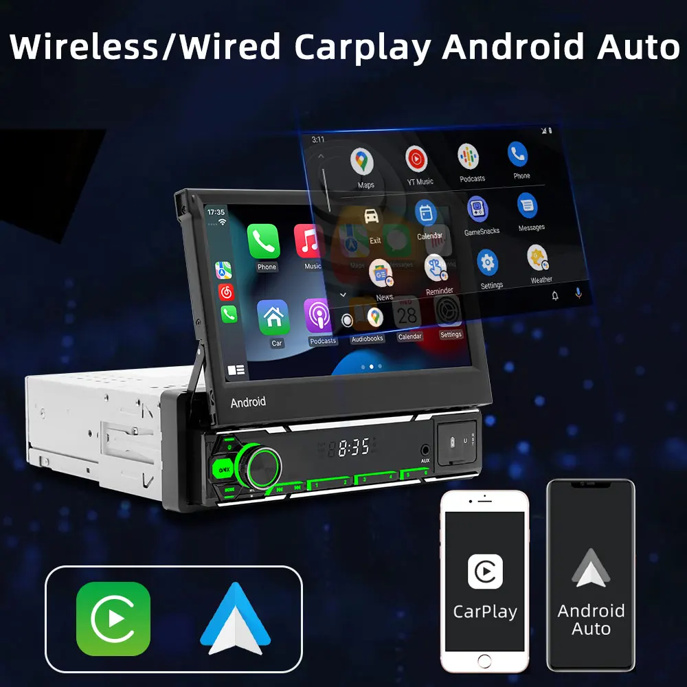 7'' HLED 1Din Electric Telescopic Touchscreen Android 13 Car Radio Multimedia Player Wireless Carplay Android Auto GPS WIFI RDS
