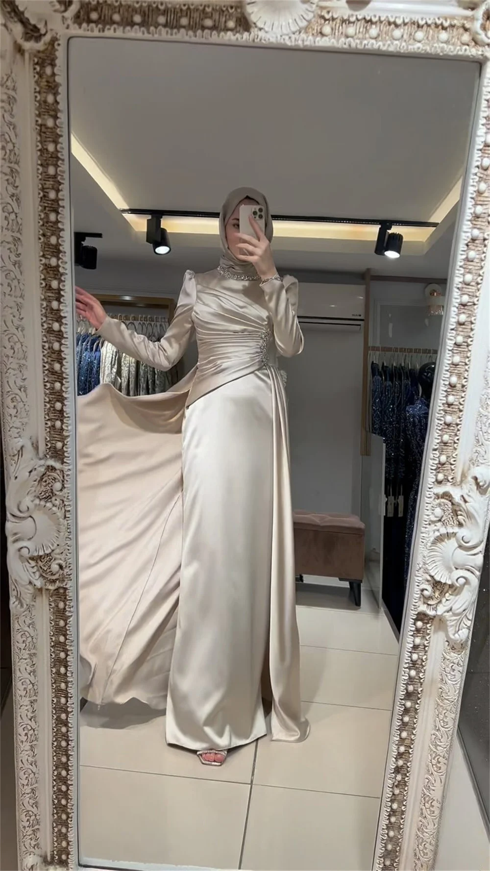 Cathy Navy Blue Satin فساتين سهرة High Neck A-line Modest Prom Dresses Elegant Long Sleeves Detachable Train Saudi Arabia 2024