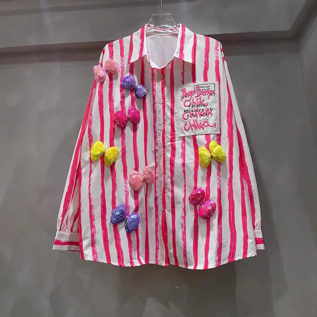 Colorblock Stripes Female Blouses New Spring Summer Cute Bow Single-breasted Loose Cardigans Top Age Reduction Long Sleeve Shirt