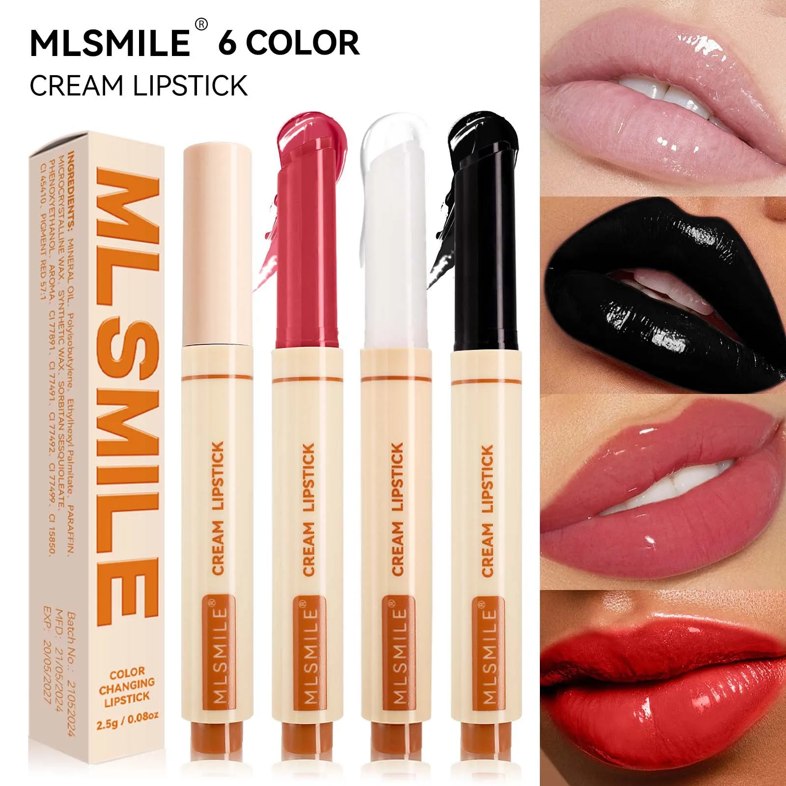 Mlsmile imprensa batom 6 cores espelho água alto brilho brilho labial hidratante natural e fácil cor sólida bálsamo labial