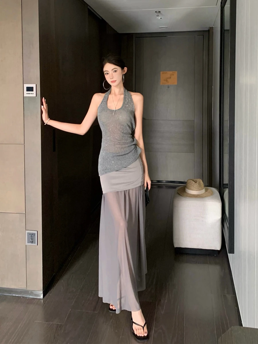 

Fashionable Sequin Halter Top And Skirt Two-Piece Set Women's Summer Bodycon Skirt High Waist Splice Design Night Outfit