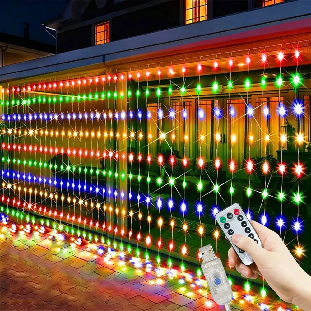 Fairy Light String LED Curtain Garland with USB Remote Control 8 Mode for Christmas New Year Wedding Room Halloween Decoration
