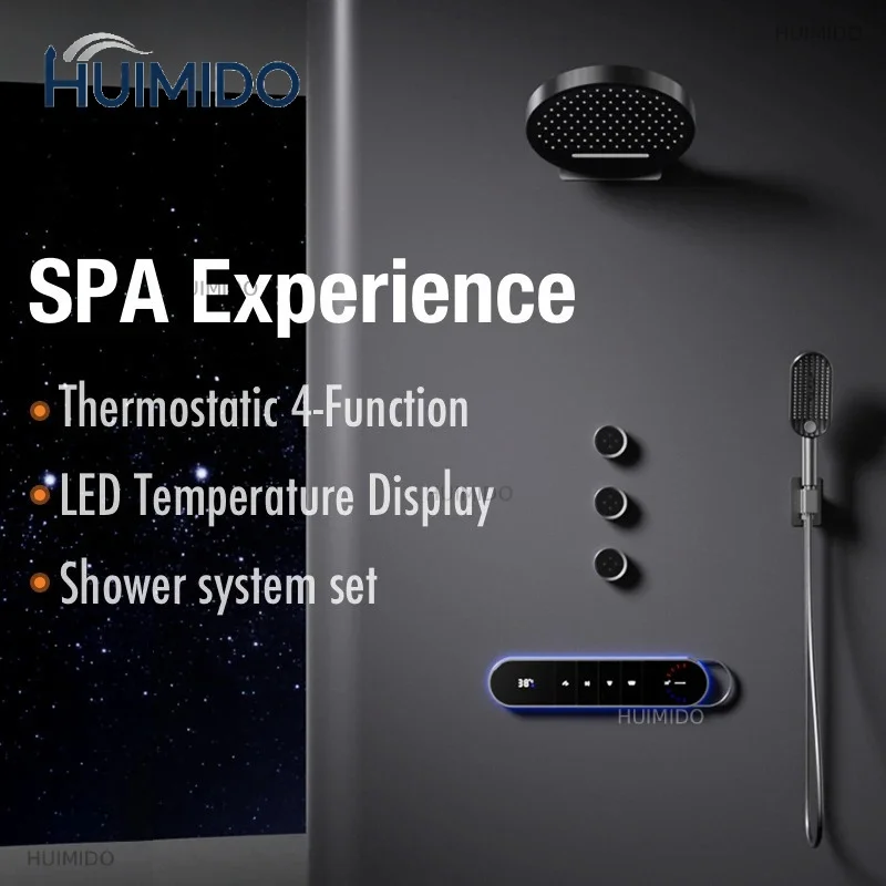 Luxury Concealed Shower System Set Temperature Display Thermostatic Shower System Rainlfall Bathroom Shower Faucet Set Grey
