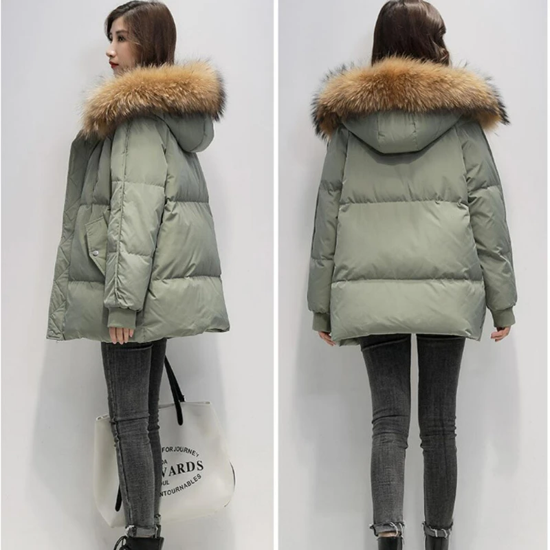 

Women's Winter Loose Waterproof Snow Coat Jacket 2023 Chic Imitate Raccoon Fur Hooded Winter Coat Women's Casual Warm Jacket