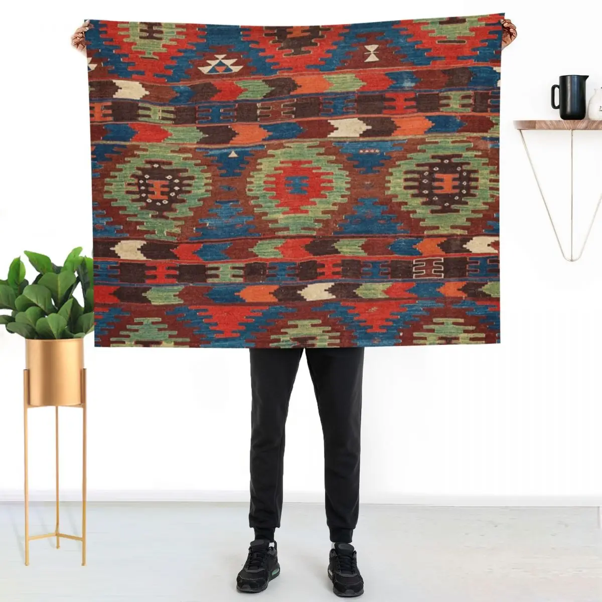 Tuscan Shapes I // 19th Century Southwestern Colorful Red Blue Orange Green Brown Ornate Rug Pattern Throw Blanket