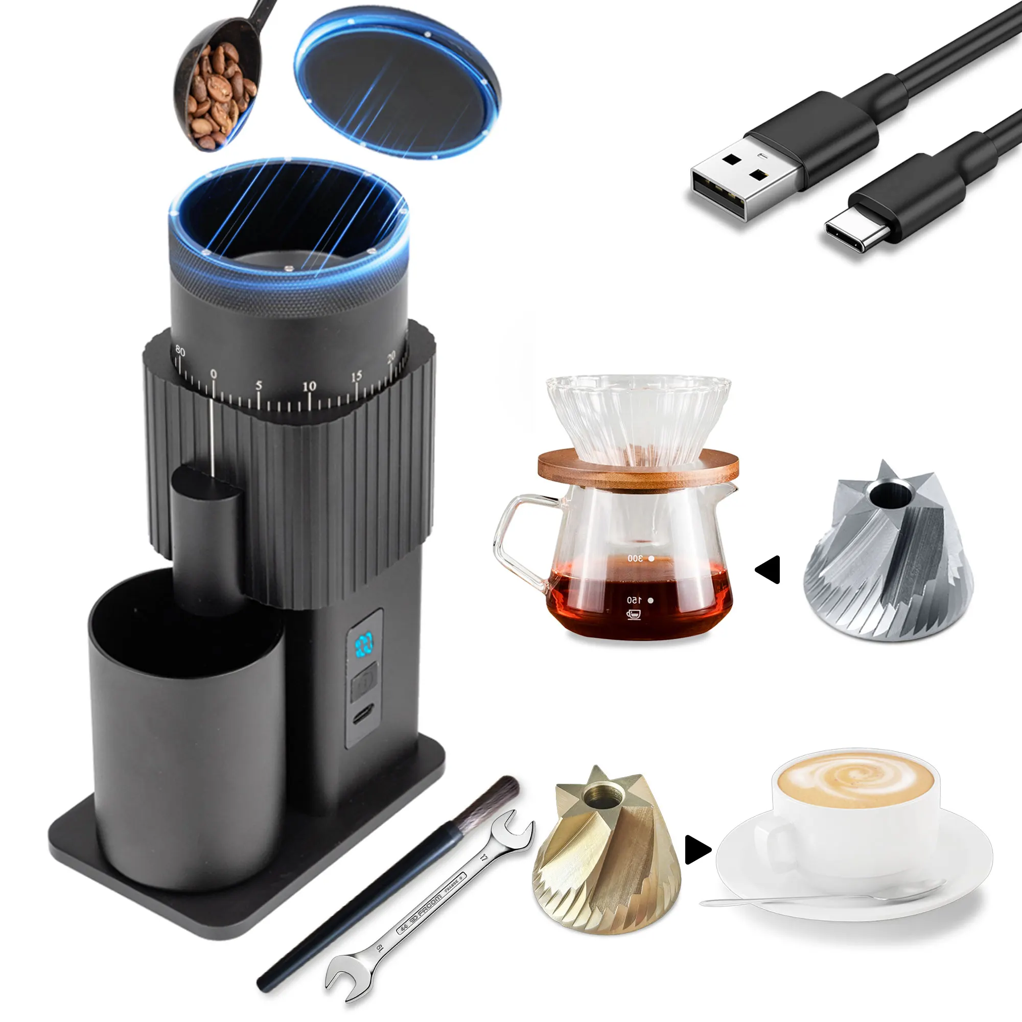 Portable Electric Coffee Grinder USB Rechargeable Coffee Bean Grinder with Replaceable Burrs for Espresso and Pour Over Gift