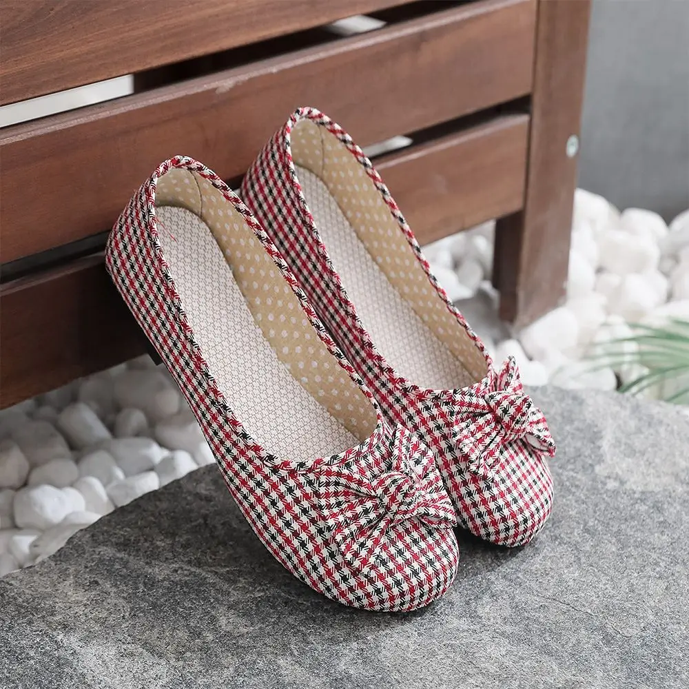 Ladies Shoes Round Toe Red Women Footwear With Bow Flat Designer Daily Routine Offers Stylish High Quality Cotton Original