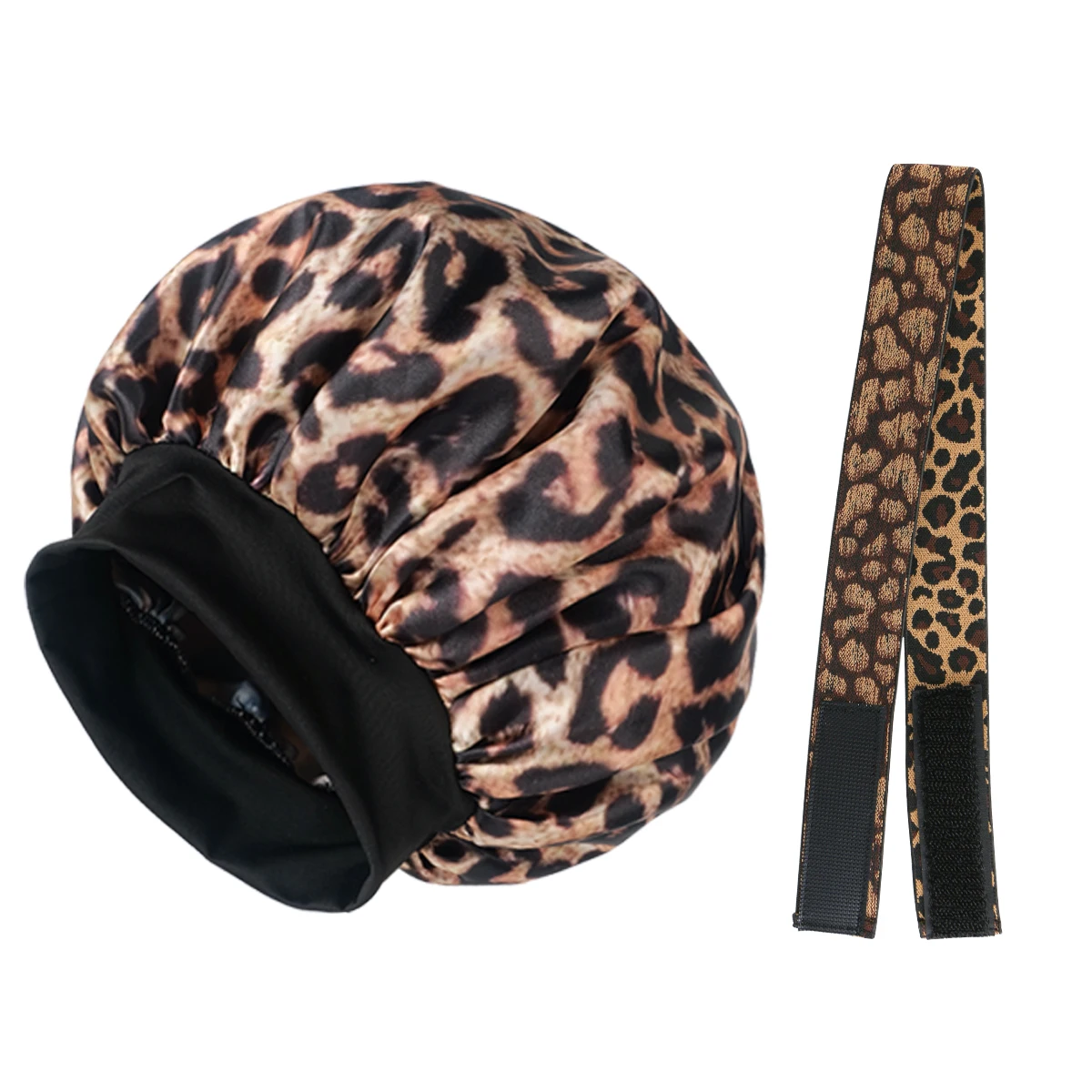 Leopard Print Satin Sleep Bonnet with Hair Melt Band – Soft, Wide-Brim Cap for Men & Women, Elastic Headband, Fit for Curly Hair