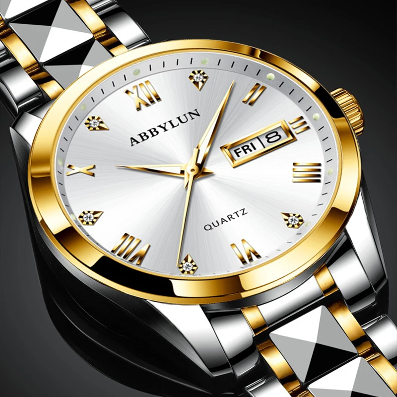 ABBYLUN 985 Men Quartz Watch Fashion Leisure Simple Diamond Date Stainless Steel Strap Wristwatches for Male Clock Brithday Gift