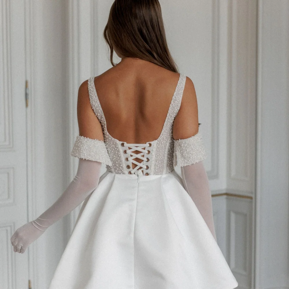 Amanda Customized White Spaghetti Strap Gloves Pearls robes de soirée Satin Backless Party Dresses Strapless A-line Prom Dress