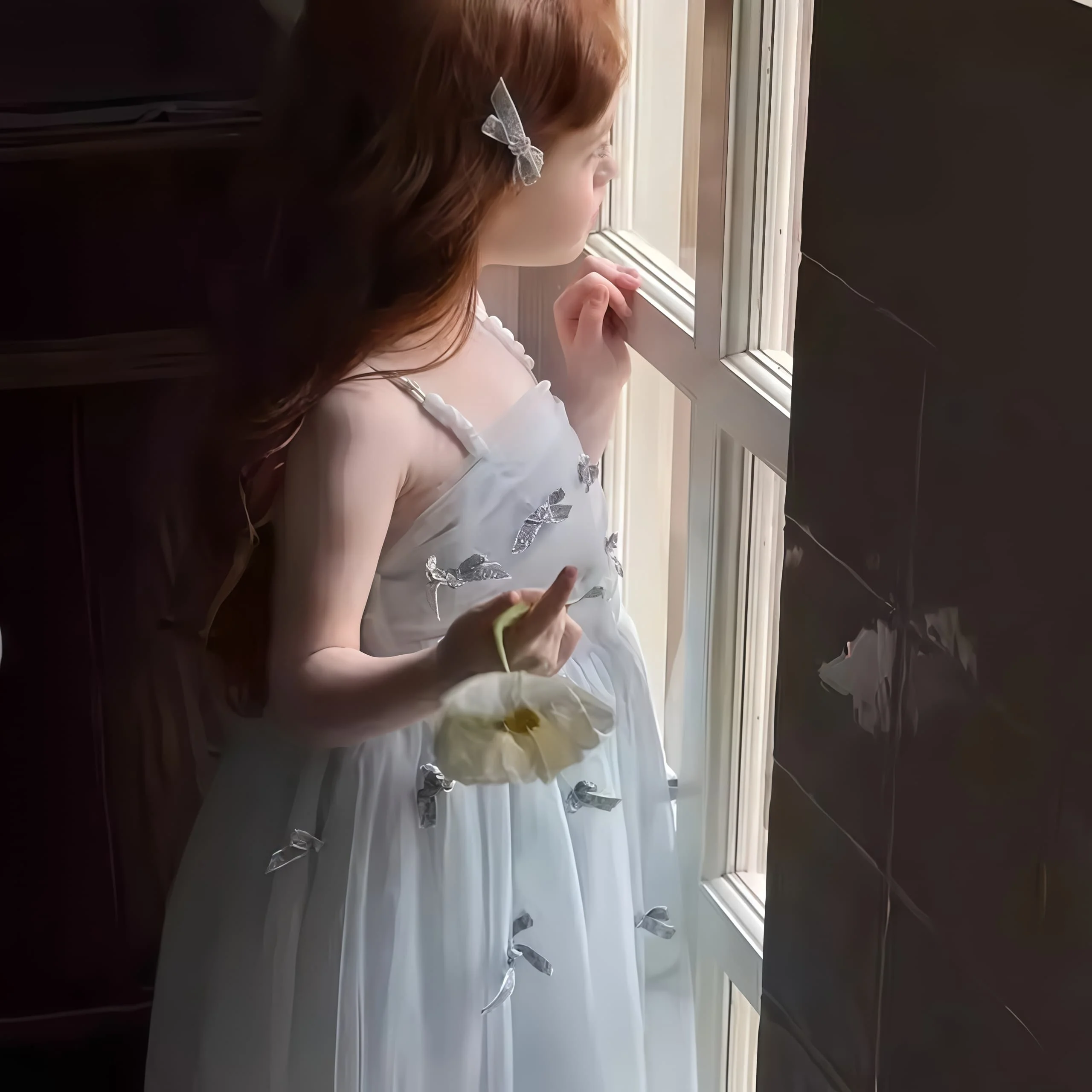 Abito da bambina blu con fiocco, abito elegante da cerimonia per bambina, abito da damigella con spalline sottili, abito da damigella d'onore