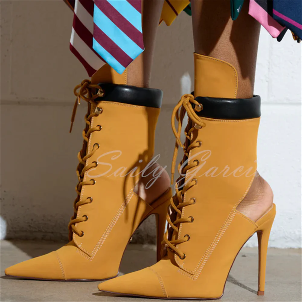 Yellow Lace Up Stiletto Heel Bootie Women Leather Pointy Toe Ankle Cut Out High Heel Slingback Luxury Trendy Short Boot