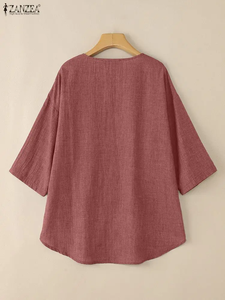 2025 ZANZEA Autumn V Neck Shirt Women Loose Blouses Casual 3/4 Sleeve Button Tops High Low Blusas Female OL Work Blouse Oversize