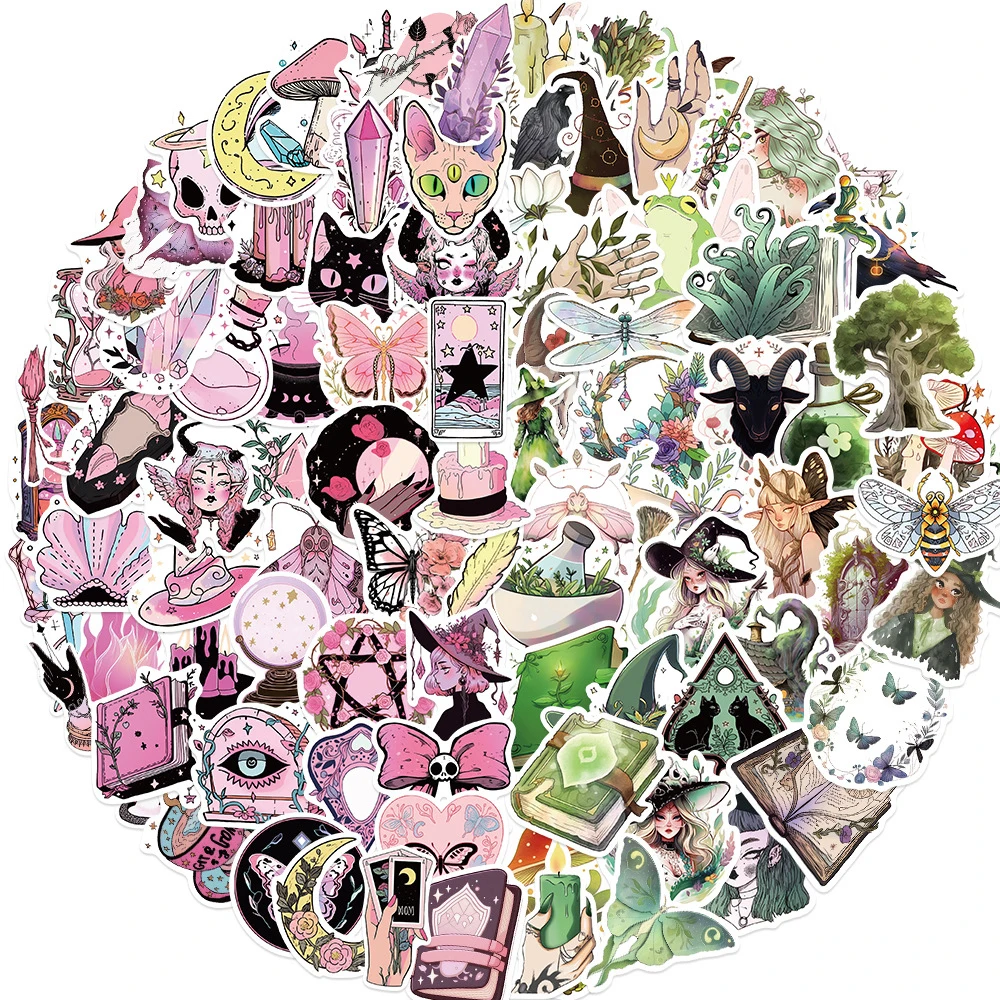 

10/30/50/100pcs Cartoon Gothic Magic Witch Stickers Retro Aesthetic Decals DIY Phone Water Bottle Luggage Graffiti Sticker Pack