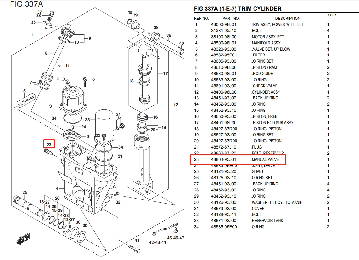 48864-93J01 Manual Release Valve Assy for Suzuki Outboard Trim Tilt 115HP-325HP Replaces 48864-92J01 94911
